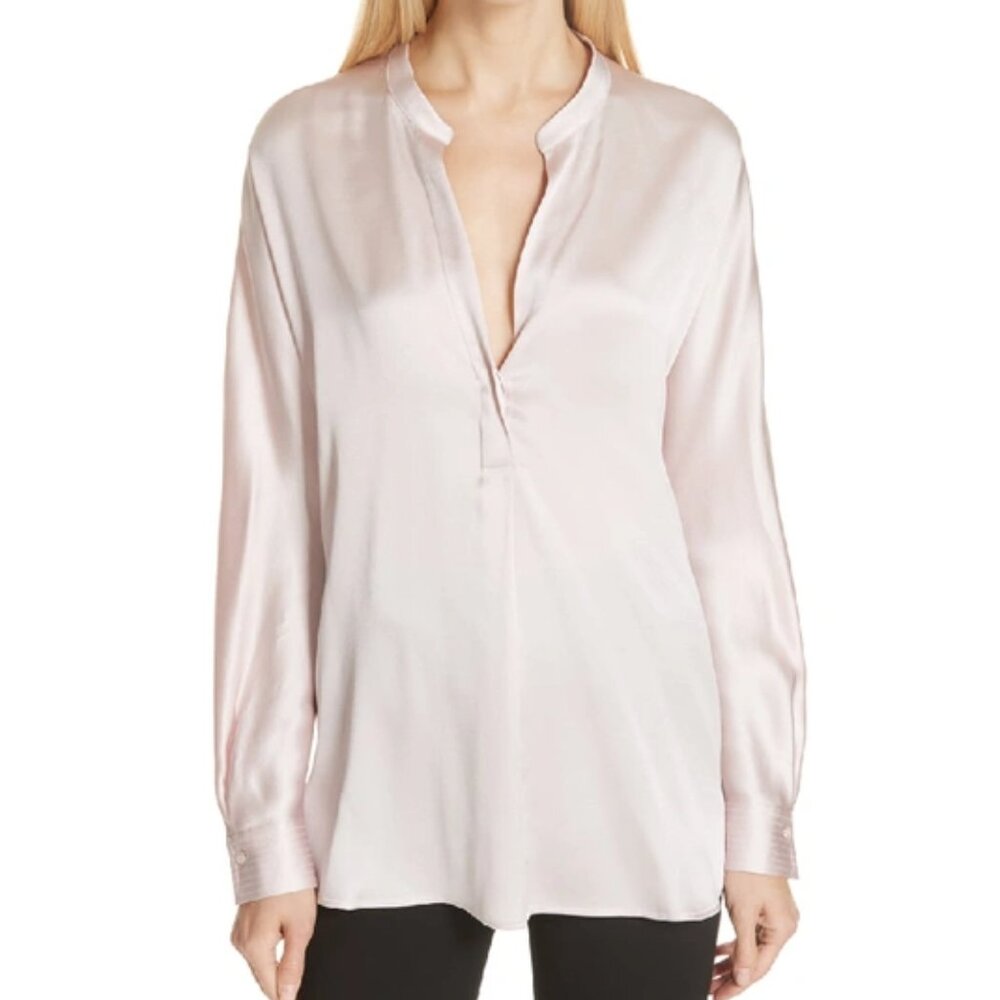 Vince Split-Neck Band Collar Satin Blouse Size M
